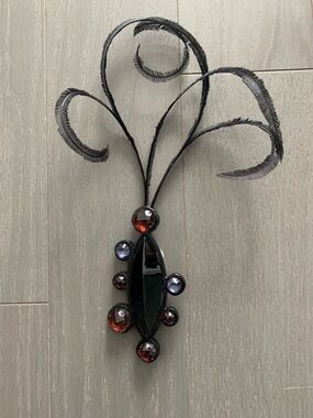 Vintage GIORGIO ARMANI Black and Red Glass Pendant Brooch with Feathered Accents